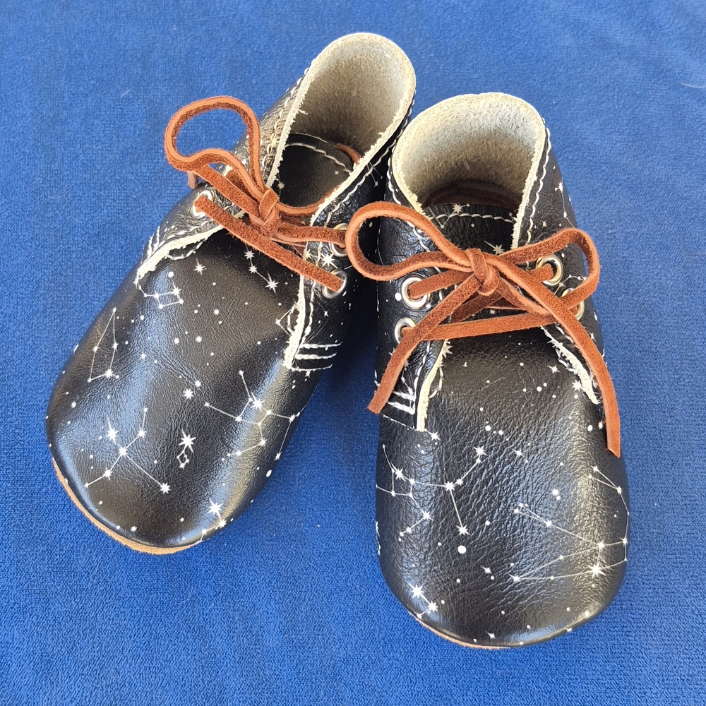 Baby Black Constellation Leather Lace-Up Walkers with Brown Laces